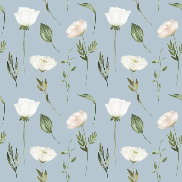 Seamless Pattern White Flowers Green Leaves Illustration Blue Background — стоковое фото