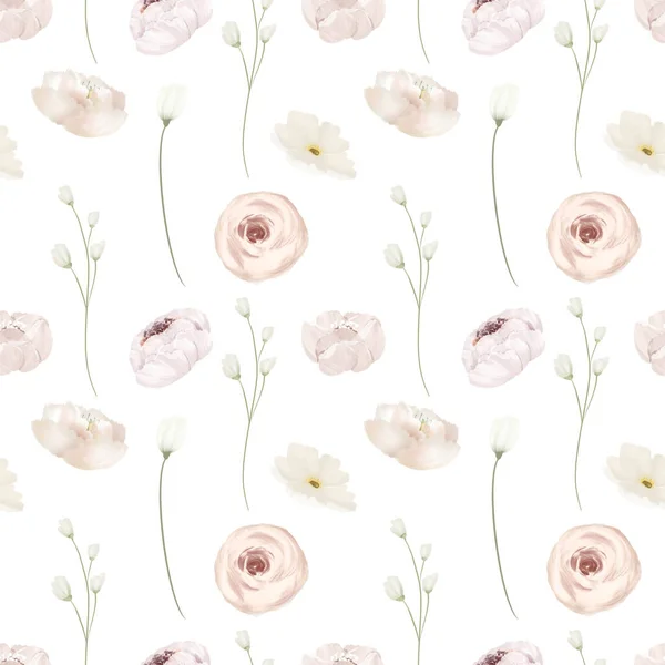 Seamless Pattern White Roses Wildflowers Illustration White Background — Stockfoto