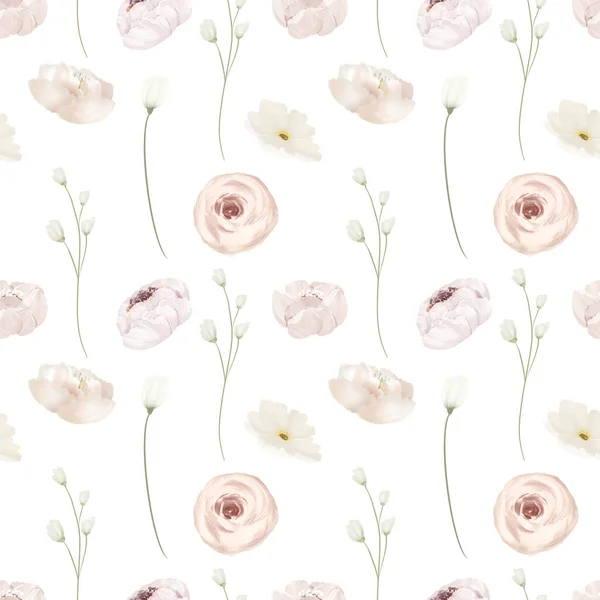 Seamless pattern of white roses and wildflowers, illustration on white background
