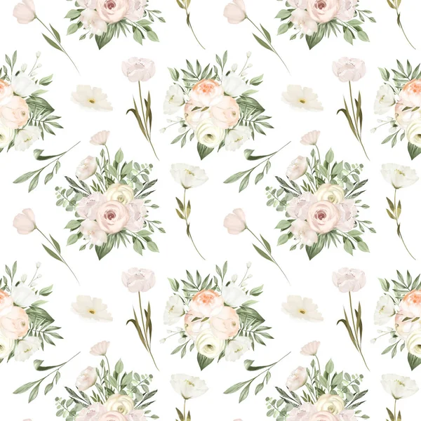 Seamless Pattern White Flower Bouquets Illustration White Background — Stockfoto