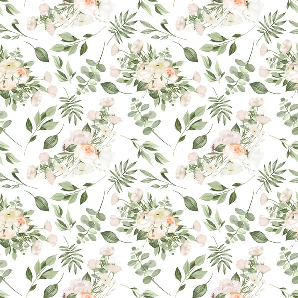 Seamless Pattern White Flower Bouquets Greenery Illustration White Background — Stock Photo, Image
