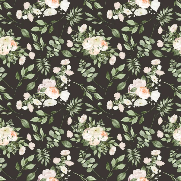 Seamless Pattern White Flower Bouquets Greenery Illustration Dark Background — Stockfoto