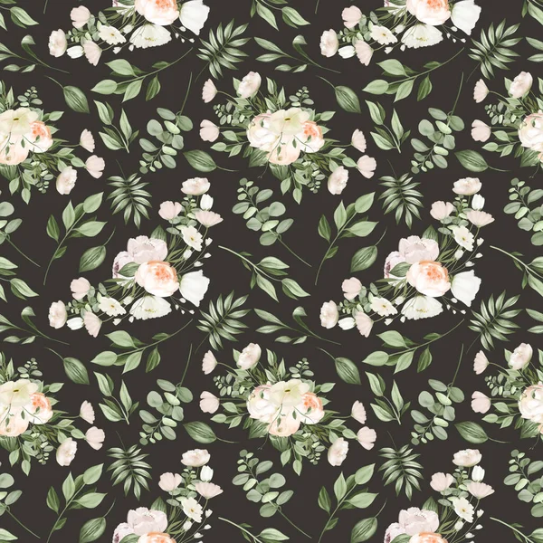 Seamless pattern of white flower bouquets and greenery, illustration on dark background