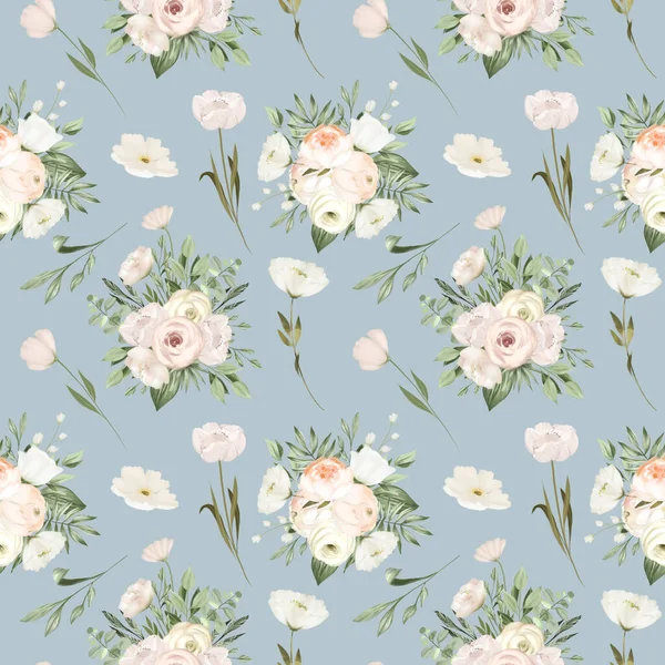 Безшовний Візерунок Білих Квіткових Букетів Ілюстрація Синьому Фоні — стокове фото