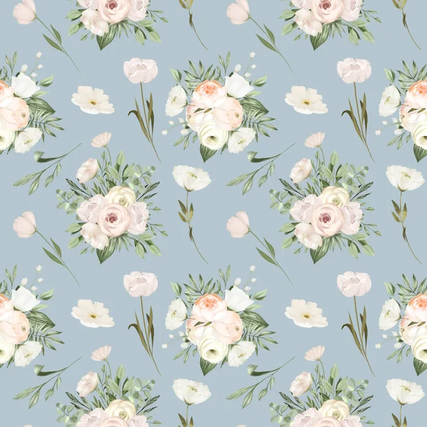 Seamless pattern of white flower bouquets, illustration on blue background