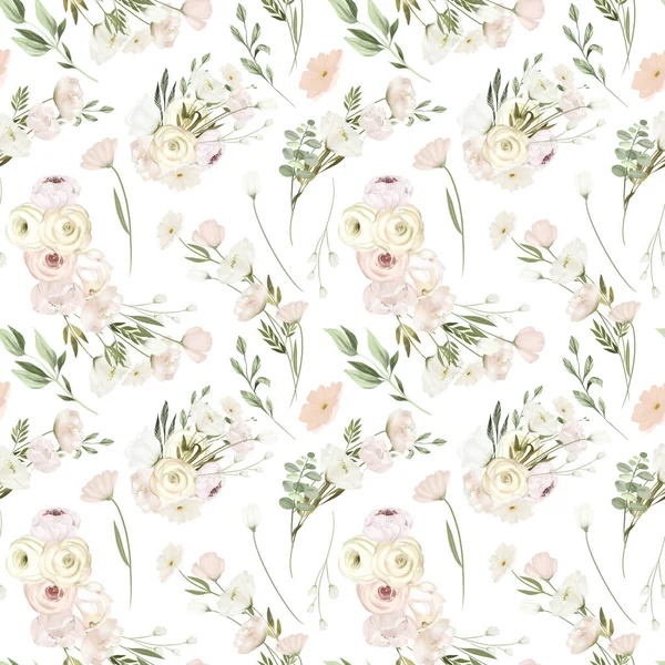 Nahtloses Muster Aus Weißem Blumenschmuck Illustration Auf Weißem Hintergrund — Stockfoto