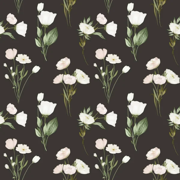 Seamless Pattern White Wildflower Bouquets Illustration Dark Background — Stok fotoğraf