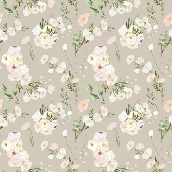Nahtloses Muster Aus Weißem Blumenschmuck Illustration Auf Beigem Hintergrund — Stockfoto