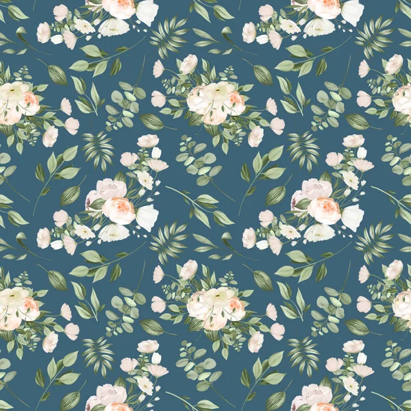 Seamless pattern of white flower bouquets and greenery, illustration on dark blue background
