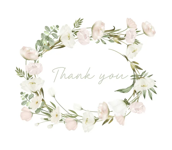 Wreath Greenery White Wildflowers Wedding Floral Card Template Illustration White — 스톡 사진
