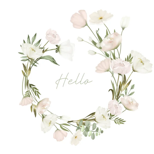 Wreath Greenery White Flowers Wedding Floral Card Template Illustration White — Zdjęcie stockowe