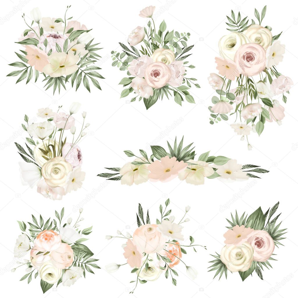 Collection of white roses and peonies bouquets, wedding floral clipart, isolated illustration on white background