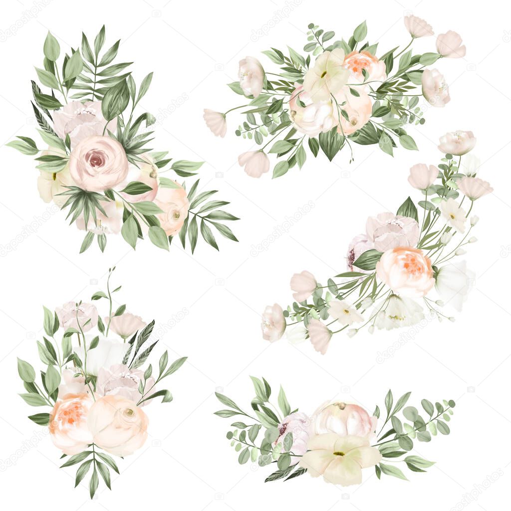 Collection of white peonies and wildflowers bouquets, wedding floral clipart, isolated illustration on white background