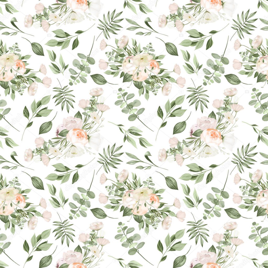 Seamless pattern of white flower bouquets and greenery, illustration on white background