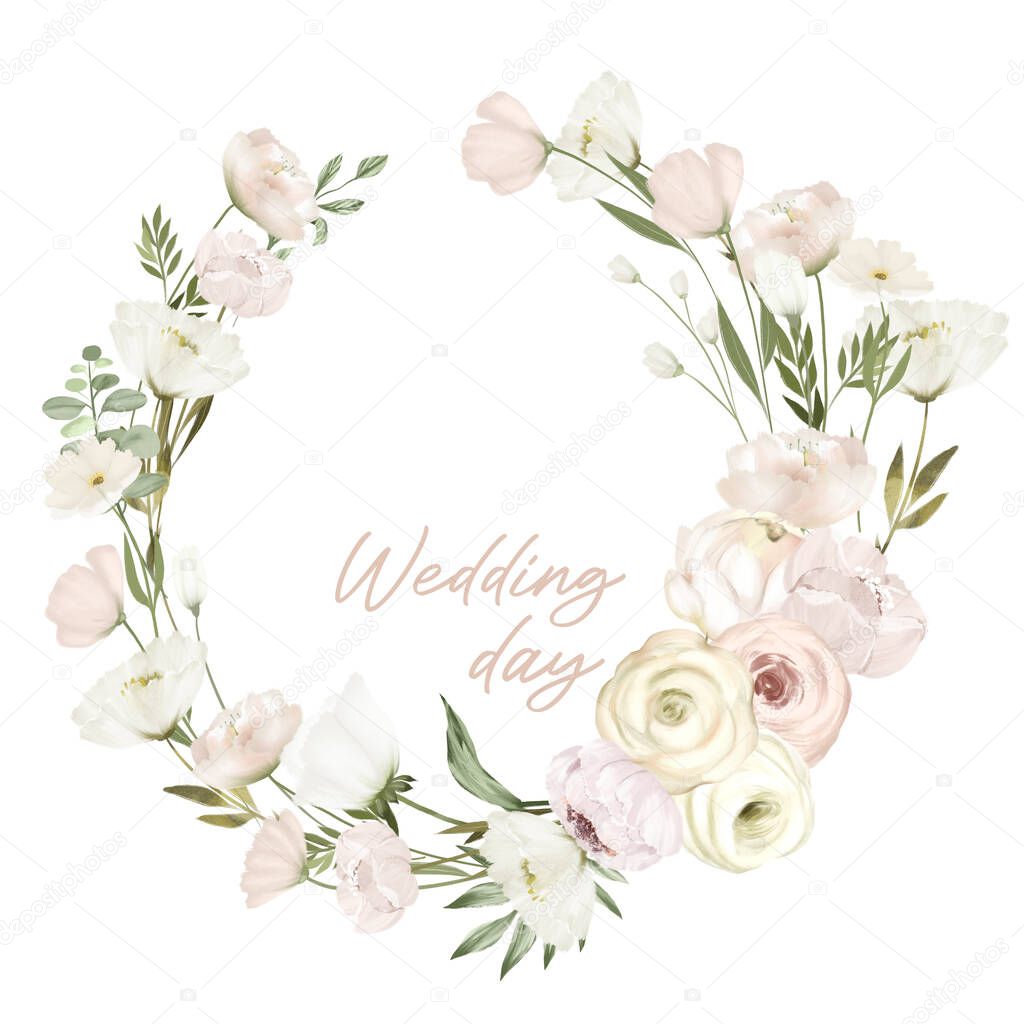 Wreath of greenery and white roses and peonies, wedding floral card template, illustration on white background