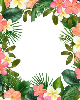 Kart şablonu, yeşil tropikal yapraklar ve plumeria çiçeklerinden oluşan çiçek sınırı, beyaz arkaplanda resimler