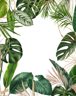 Kart şablonu, yeşil ve altın tropikal yapraklardan oluşan çiçekli kenar, beyaz arkaplanda illüstrasyon