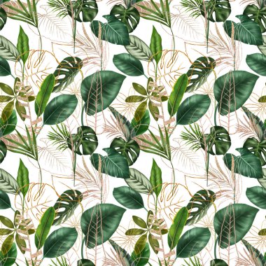 Yeşil ve altın tropikal yaprakların kusursuz deseni, beyaz arkaplanda çizimler