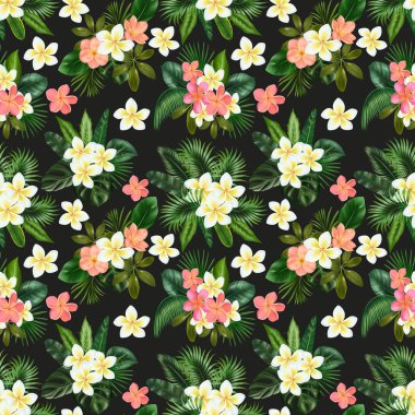Seamless pattern of Clivia and Plumeria flowers and green tropical leaves, tropical floral ornament, illustration on dark background