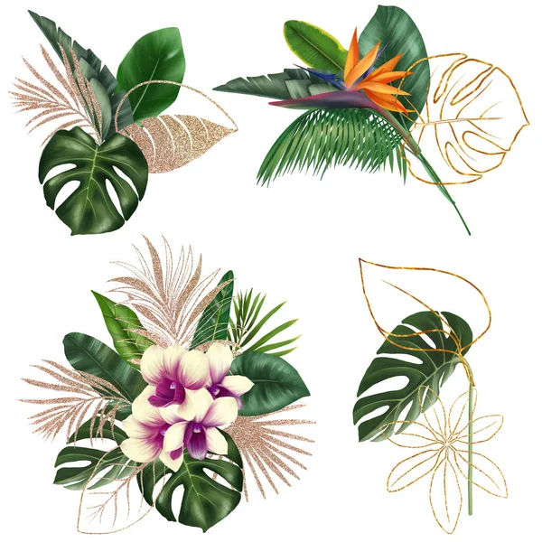Букеты Зеленых Золотых Тропических Листьев Яркие Экзотические Цветы Орхидеи Стрелиця — стоковое фото