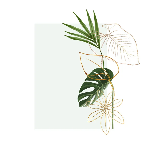 Frame Green Golden Tropical Leaves Isolated Illustration White Background — Stock Photo, Image
