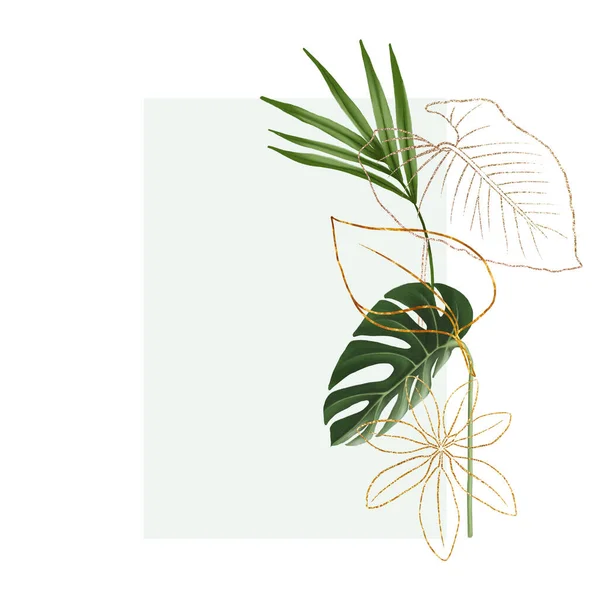 Frame Green Golden Tropical Leaves Isolated Illustration White Background — Stock fotografie