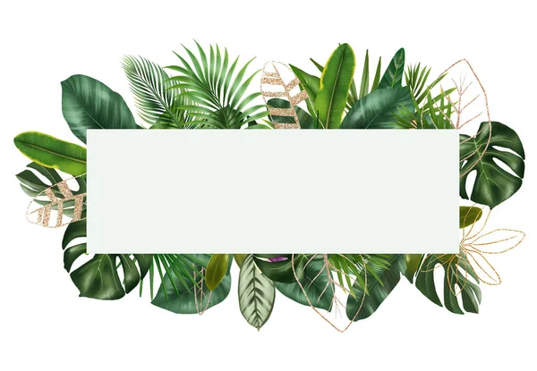 Frame Green Golden Tropical Leaves Isolated Illustration White Background — Foto Stock