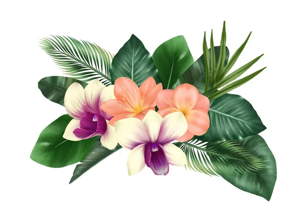 Bouquet Aus Grünen Tropischen Blättern Clivia Und Orchideenblüten Tropisch Blumigem — Stockfoto