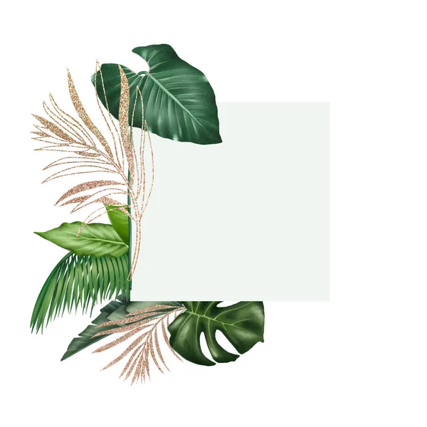 Square Frame Green Golden Tropical Leaves Isolated Illustration White Background — Stockfoto