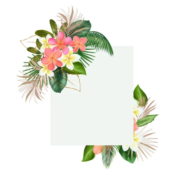 Frame Green Golden Tropical Leaves Plumeria Flowers Isolated Illustration White — Foto Stock