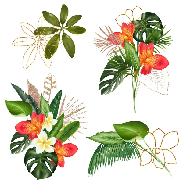 Bukiety Zielonych Złotych Liści Tropikalnych Jaskrawych Egzotycznych Kwiatów Storczyki Canna — Zdjęcie stockowe