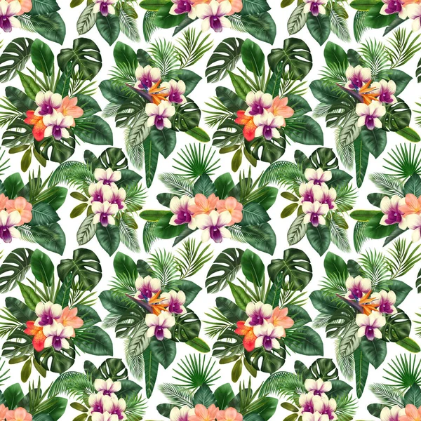 Patrón Sin Costuras Flores Clivia Orquídea Hojas Tropicales Verdes Ornamento —  Fotos de Stock