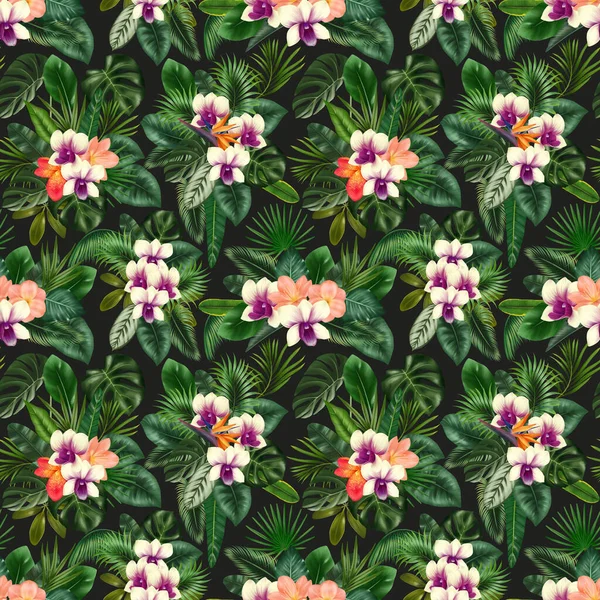 Seamless Pattern Clivia Orchid Flowers Green Tropical Leaves Tropical Floral — Stockfoto