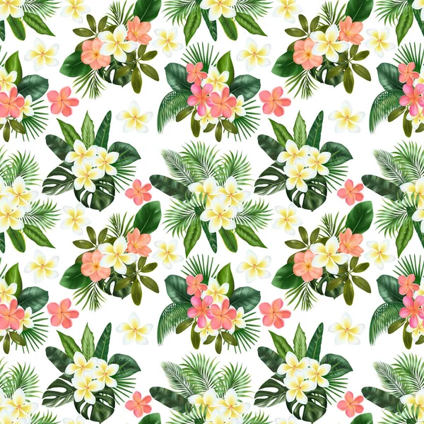 Seamless Pattern Clivia Plumeria Flowers Green Tropical Leaves Tropical Floral — Stok fotoğraf