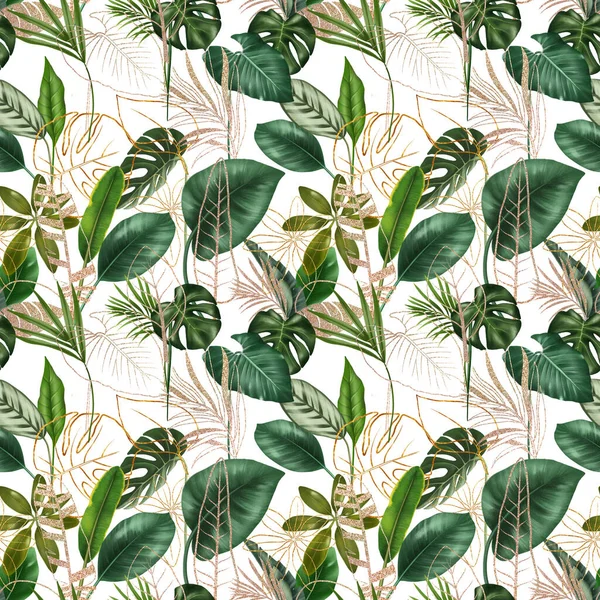 Seamless Pattern Green Golden Tropical Leaves Illustration White Background — Stockfoto