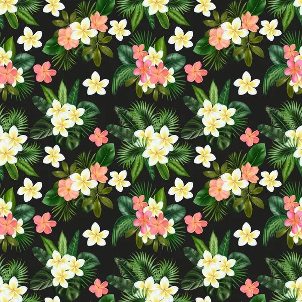 Απρόσκοπτη Μοτίβο Των Λουλουδιών Κλίβια Και Plumeria Και Πράσινα Τροπικά — Φωτογραφία Αρχείου