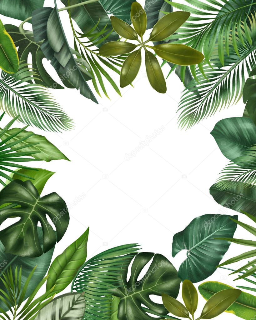 Card template, floral border of green tropical leaves, illustration on white background