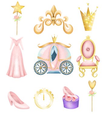 Set of fairy tale princess elements, isolated illustration on a white background, baby girl shower clipart