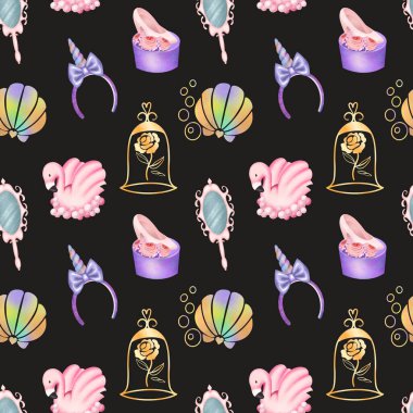 Peri masalı ve eğlence parkı elementlerinin kusursuz deseni, karanlık bir arka planda çizimler.