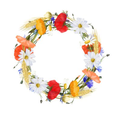 Wreath of watercolor meadow flowers (chamomiles, poppies, cornflowers, wheat spikelets etc), illustrations on a white background