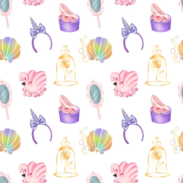 Seamless Pattern Fairy Tale Amusement Park Elements Illustration White Background — Φωτογραφία Αρχείου