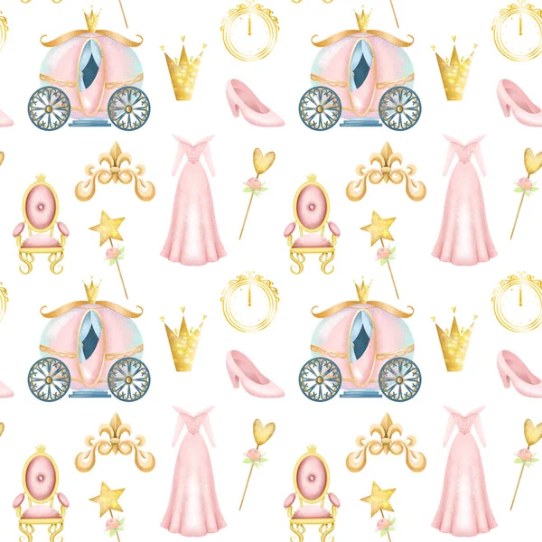 Seamless Pattern Fairy Tale Princess Elements Illustration White Background — Φωτογραφία Αρχείου