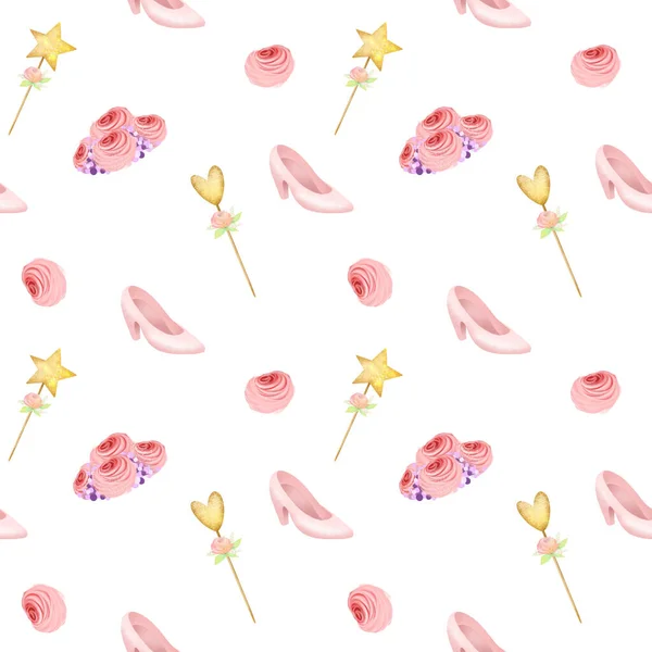 Seamless Pattern Fairy Tale Princess Elements Magic Wand Shoe Flowers — Stockfoto