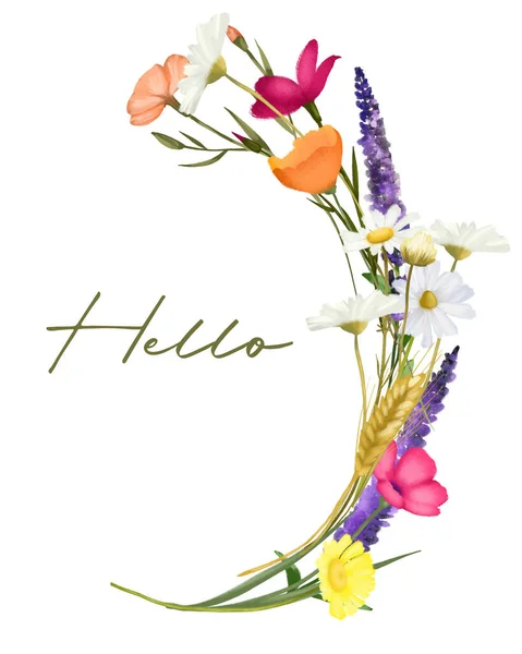 Card Template Summer Meadow Flower Arrangement Chamomiles Wheat Spikelets Etc — Stock Photo, Image