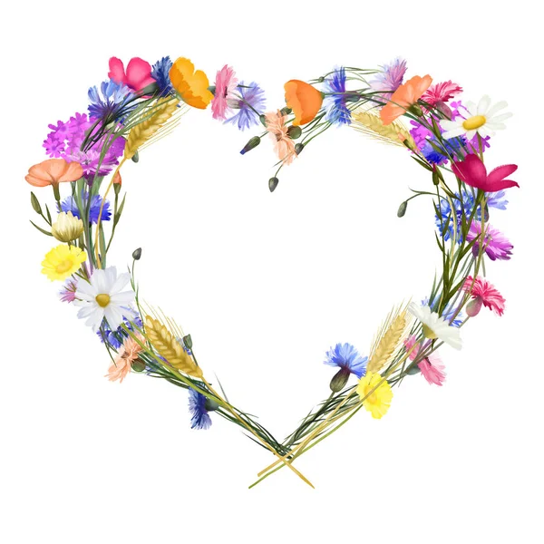 Flower Heart Frame Watercolor Bright Meadow Flowers Chamomiles Poppies Cornflowers — Photo