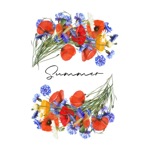 Věnec Květinové Aranžmá Akvarelových Lučních Květin Heřmánky Máky Chrpy Atd — Stock fotografie