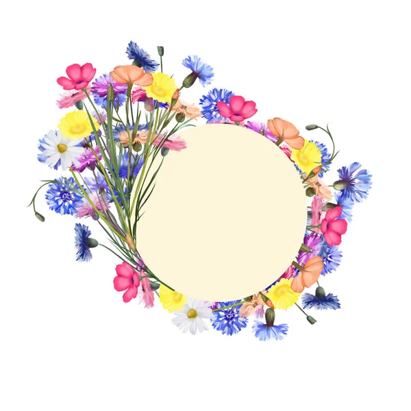 Frame Watercolor Colorful Bright Wildflowers Cornflowers Chamomiles Etc Illustrations White — Stock fotografie