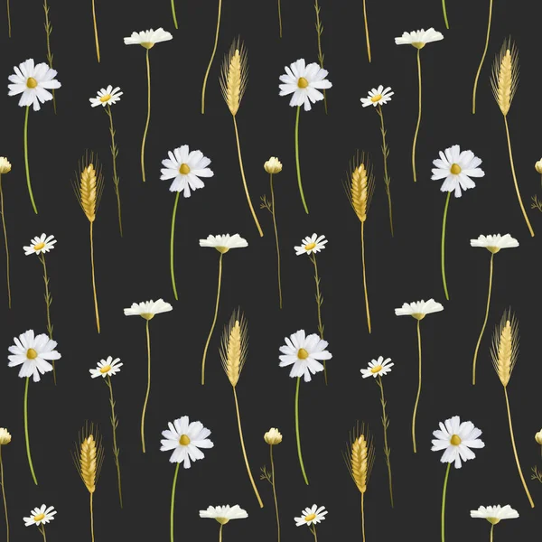 Seamless Pattern Chamomiles Wheat Spikelets Illustration Dark Background — Foto de Stock