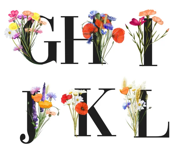 Zestaw Liter Kwiatowych Kolorowymi Letnimi Polnymi Kwiatami Maki Rumianki Chabry — Zdjęcie stockowe
