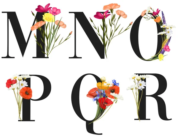 Set of floral letters M-R with colorful summer wildflowers (poppies, chamomiles, cornflowers), isolated illustration on white background, for wedding monogram, greeting and business cards, logo